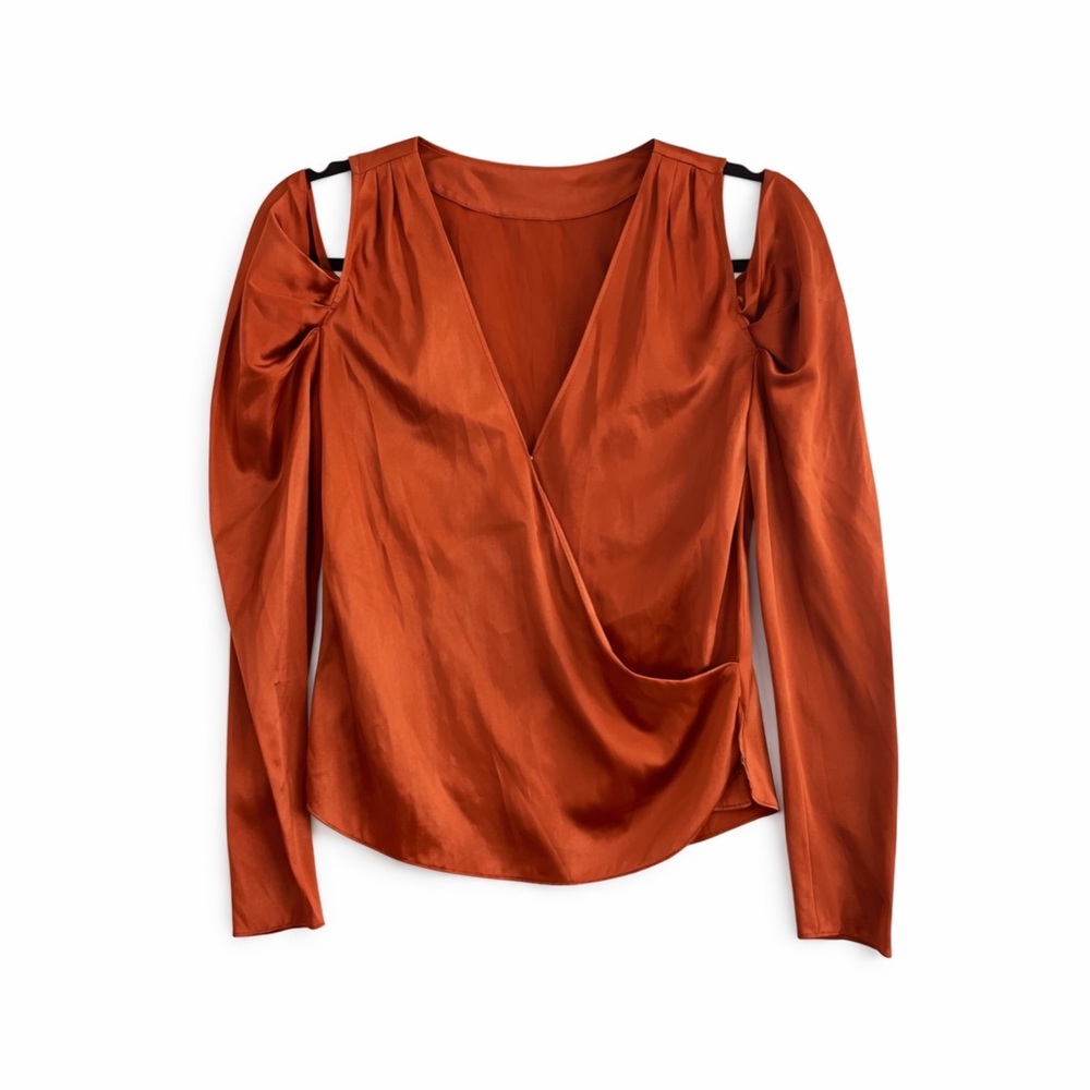 NWT Jonathan Simkhai‎ Golden Caramel Silk Blend Cold Shoulder Wrap Blouse